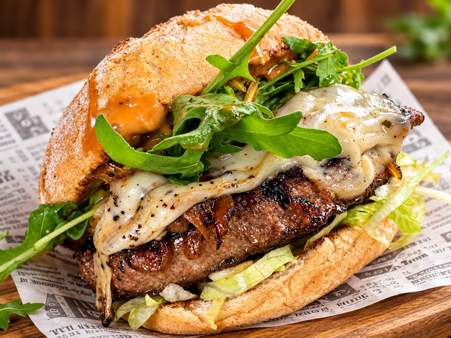 Burger mit geschmolzenem Heumilchkäse, Rauke und Grillsauce im Papier